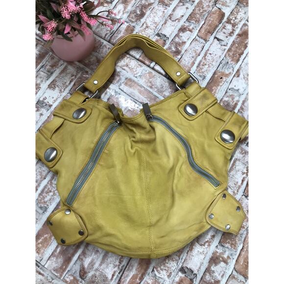 Vintage KOOBA Mustard Yellow Satchel Leather Shoulder Bag HOBO TOTE Purse Stud - Picture 1 of 11